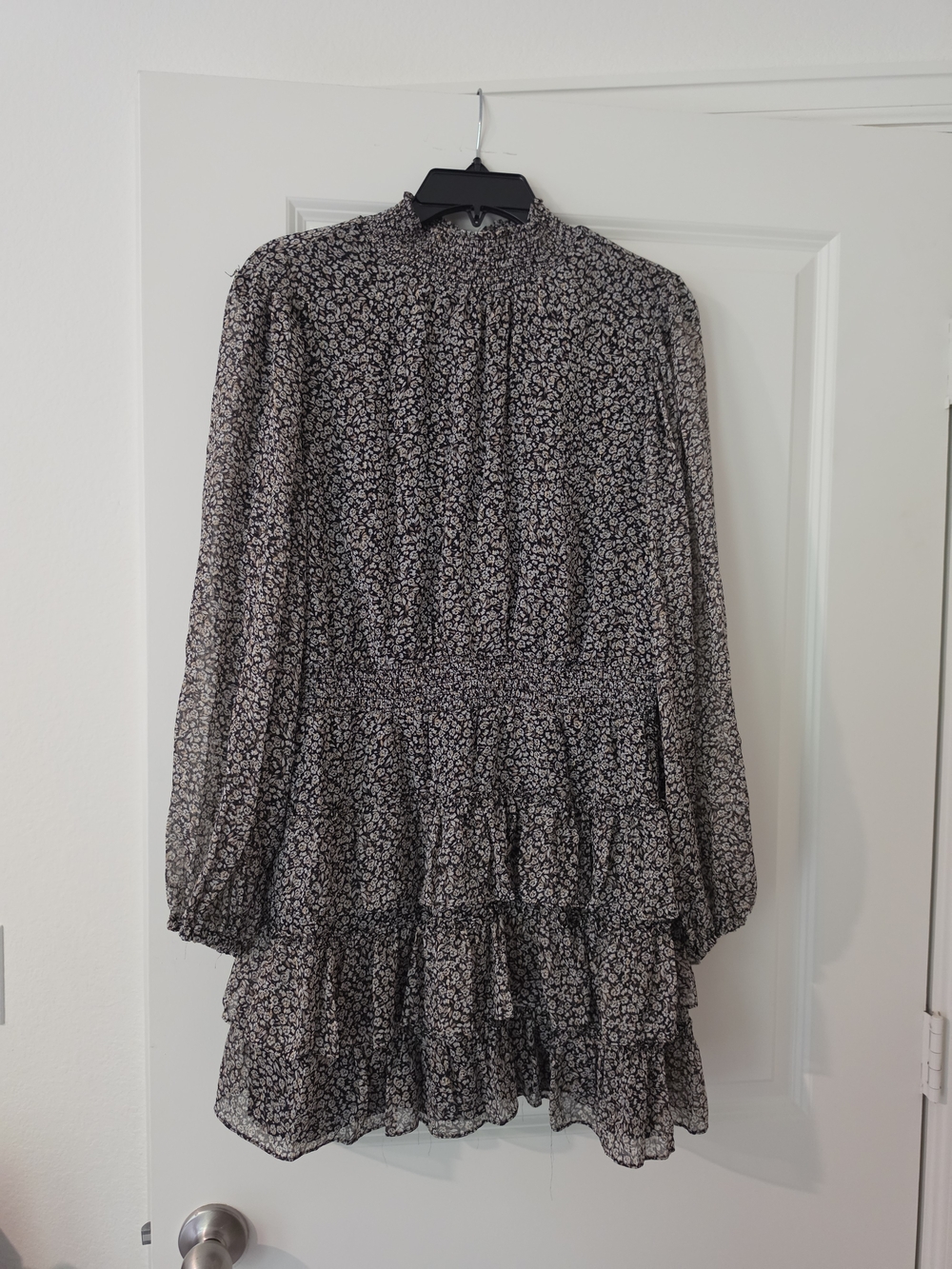 Smocked Waist Floral Tiered Mini Dress in Black and Cream